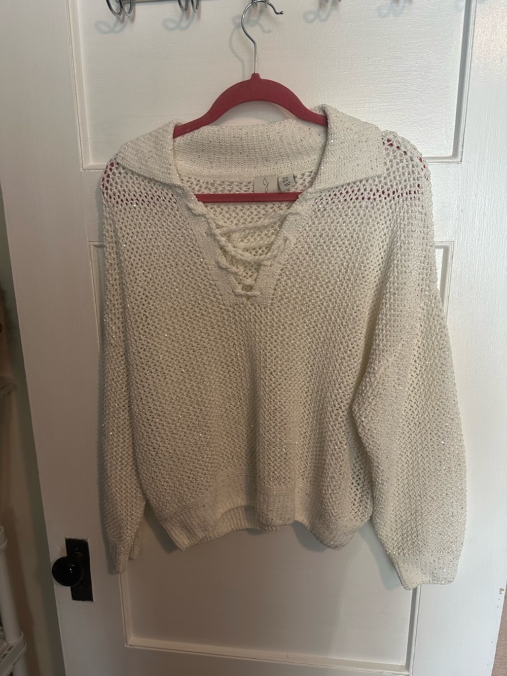 Joie Cream Open-Weave Lace-Up V-Neck Sweater